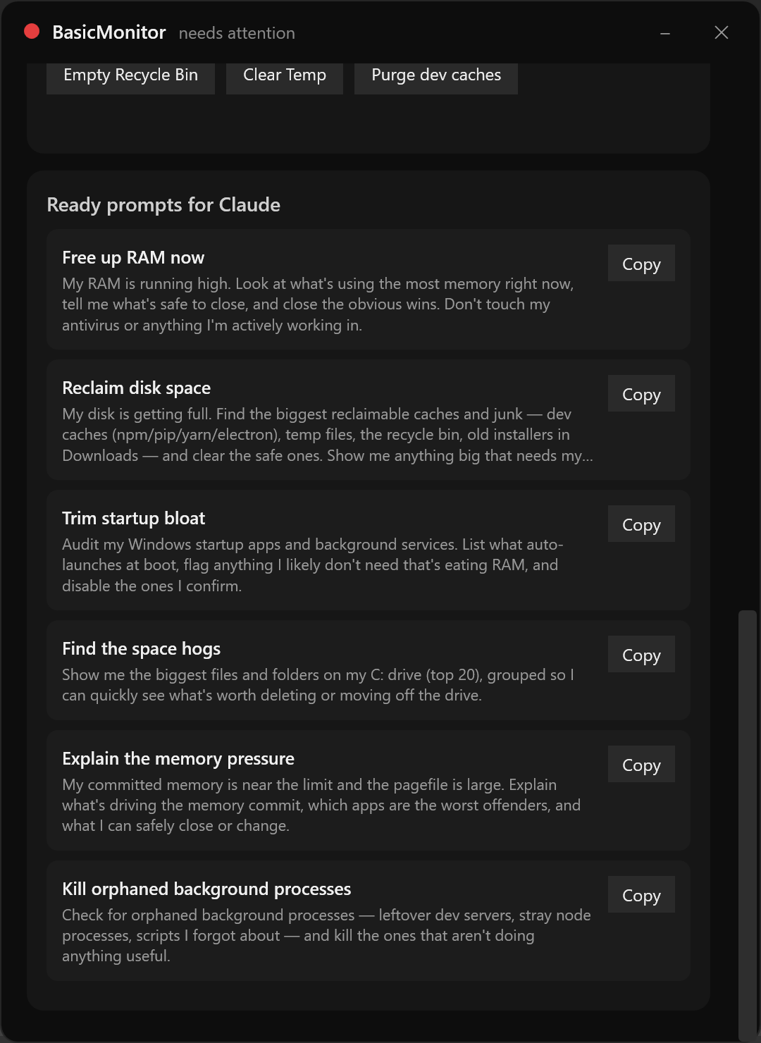 Basic Monitor one-click cleanup buttons and ready prompts for Claude